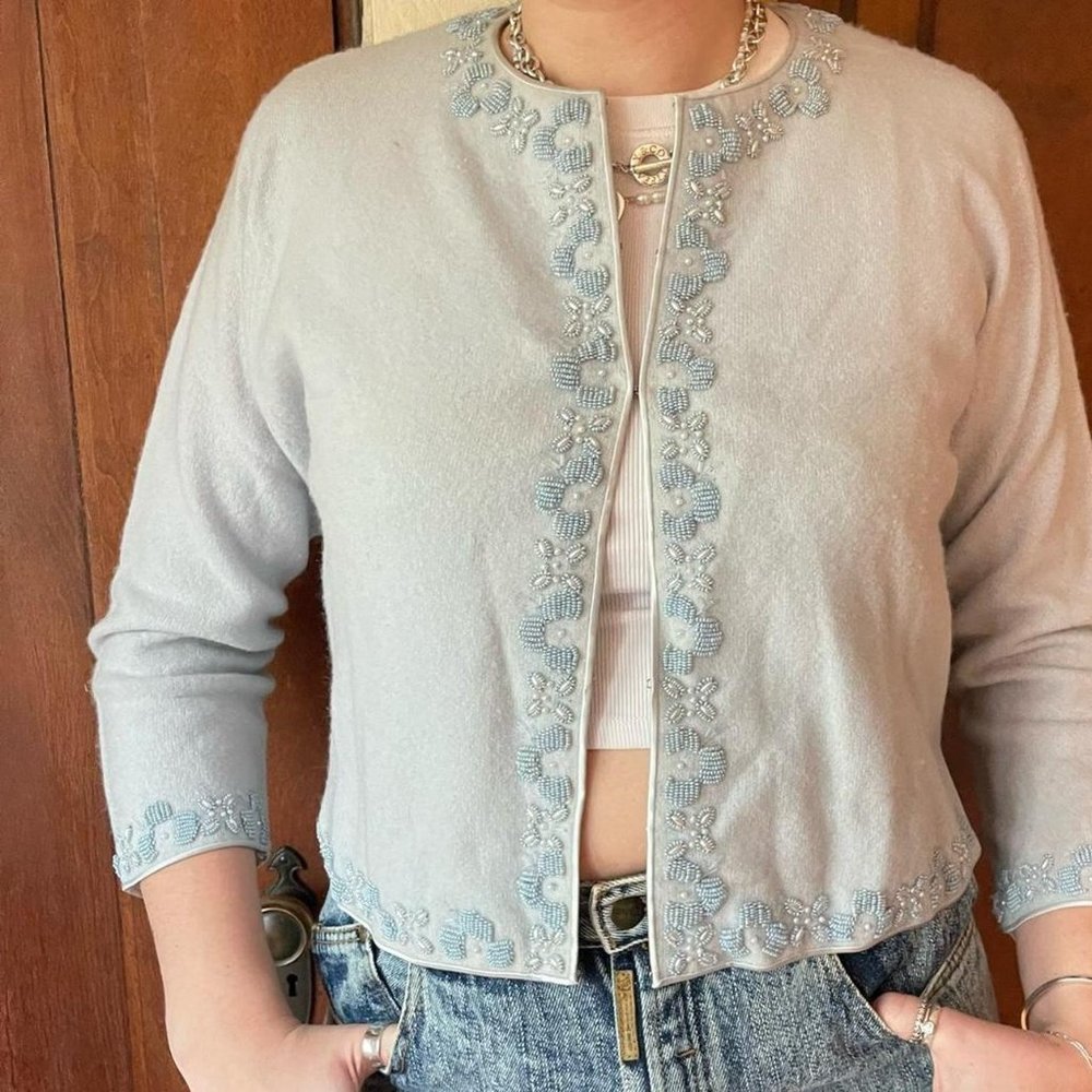 VTG 50s Gentry Tailors Light Blue Knit Cardigan with Beading